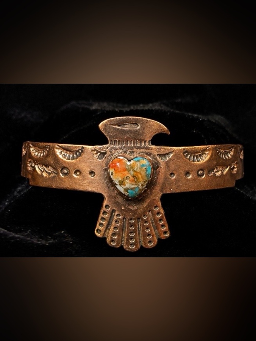 Signed Essie Copper Thunderbird Cuff Bracelet Turquoise Heart Southwestern